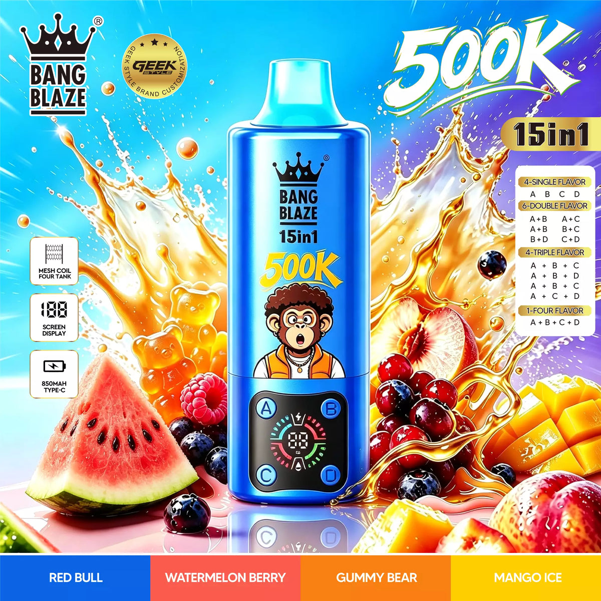 Bang Blaze 500K Puffs 15 in 1 Disposable Vape | 4 Adjustable Fruit Flavors Mesh Coil 850mAh Type-C Rechargeable Vape