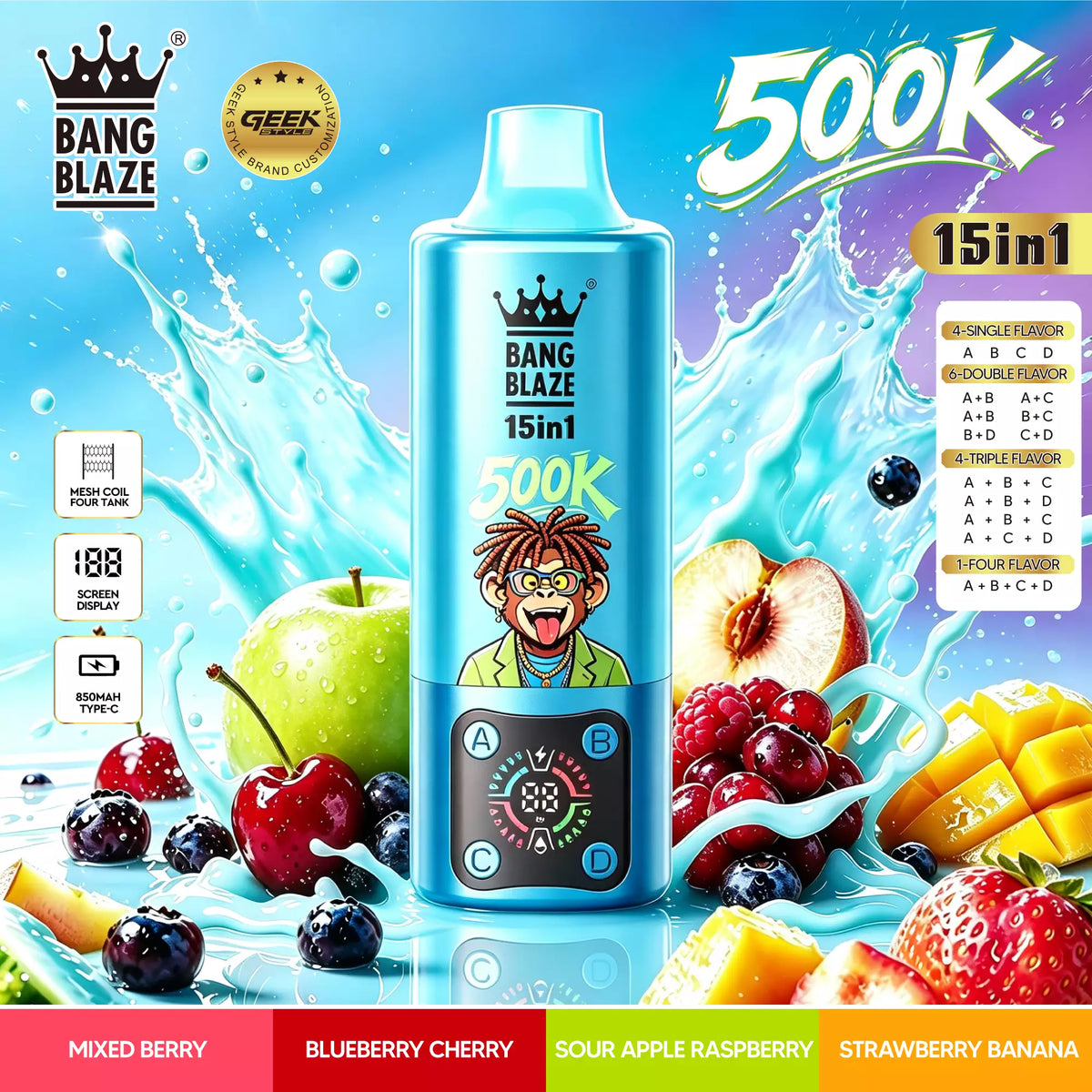 Bang Blaze 500K Puffs 15 in 1 Disposable Vape | 4 Adjustable Fruit Flavors Mesh Coil 850mAh Type-C Rechargeable Vape
