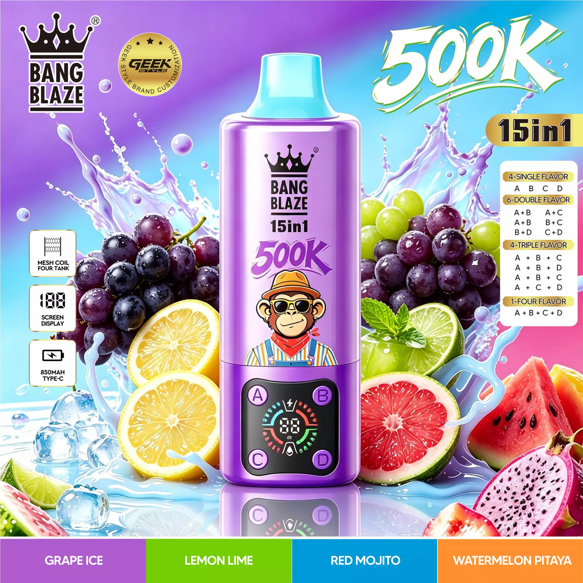 Bang Blaze 500K Puffs 15 in 1 Disposable Vape | 4 Adjustable Fruit Flavors Mesh Coil 850mAh Type-C Rechargeable Vape