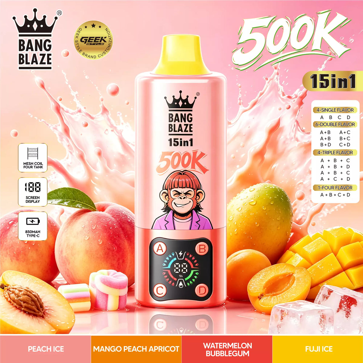 Bang Blaze 500K Puffs 15 in 1 Disposable Vape | 4 Adjustable Fruit Flavors Mesh Coil 850mAh Type-C Rechargeable Vape