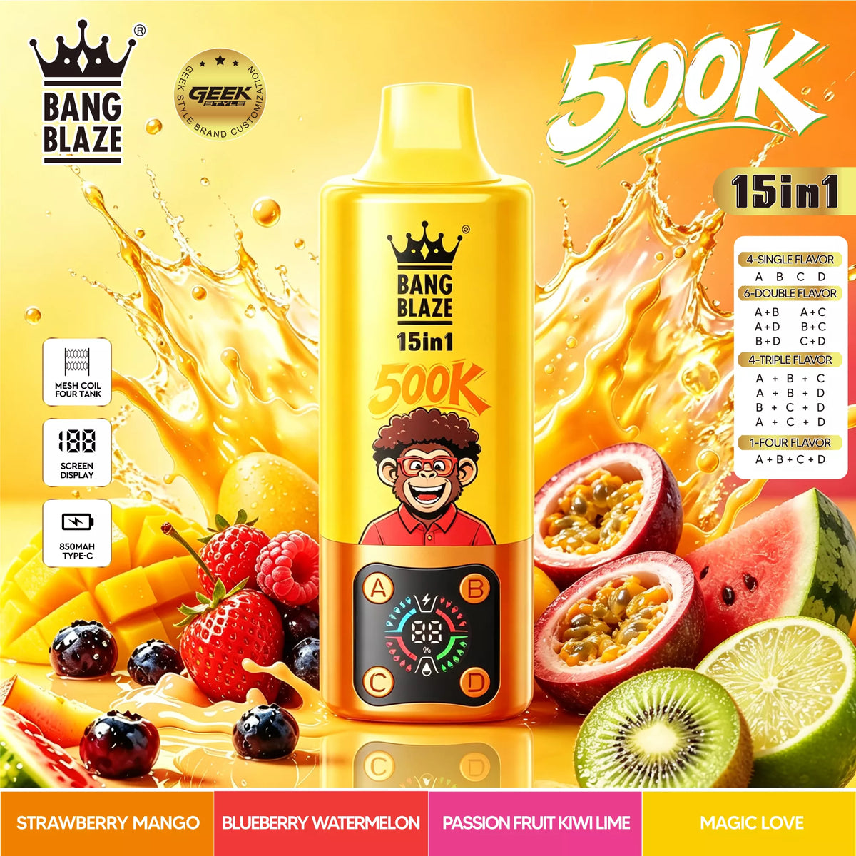 Bang Blaze 500K Puffs 15 in 1 Disposable Vape | 4 Adjustable Fruit Flavors Mesh Coil 850mAh Type-C Rechargeable Vape