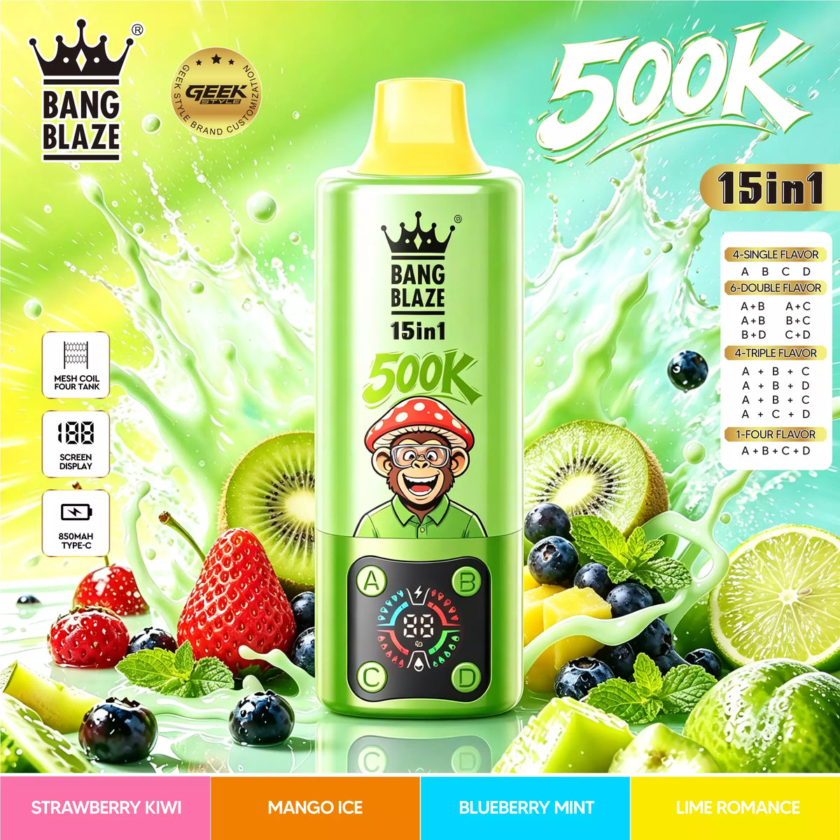 Bang Blaze 500K Puffs 15 in 1 Disposable Vape | 4 Adjustable Fruit Flavors Mesh Coil 850mAh Type-C Rechargeable Vape