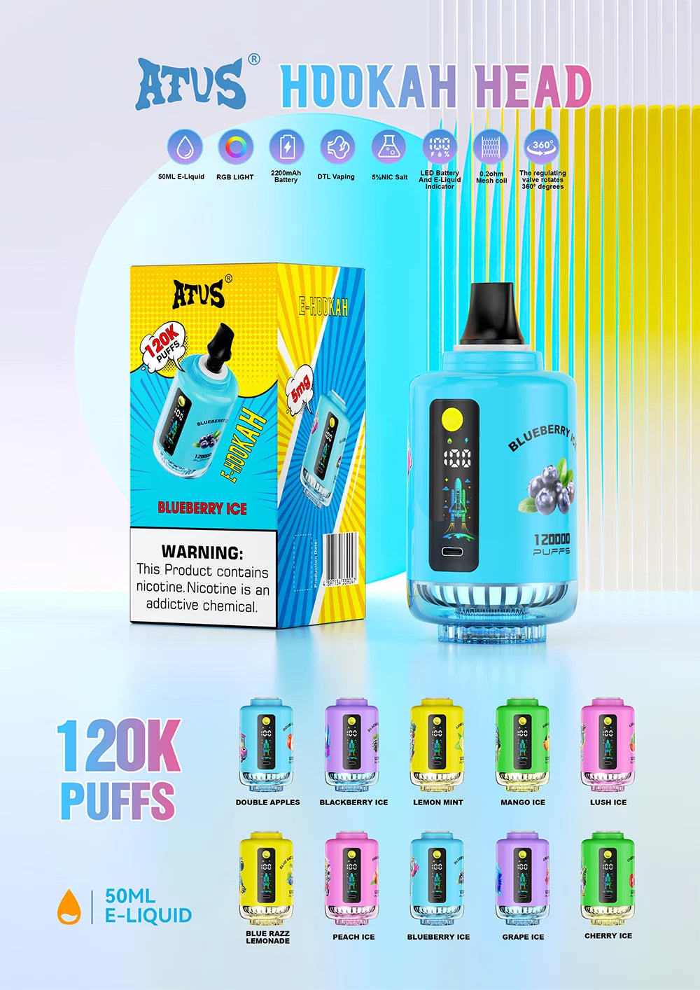 ATVS E-Hookah Head 120K PUFFS — panel LED oraz wskaźnik poziomu liquidu
