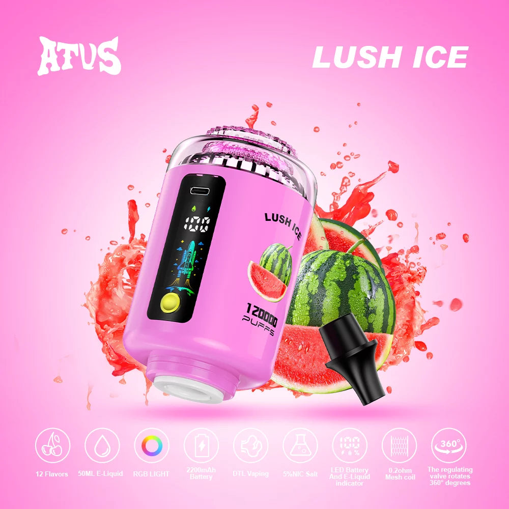 ATVS E-Hookah Head 120K PUFFS — panel LED oraz wskaźnik poziomu liquidu