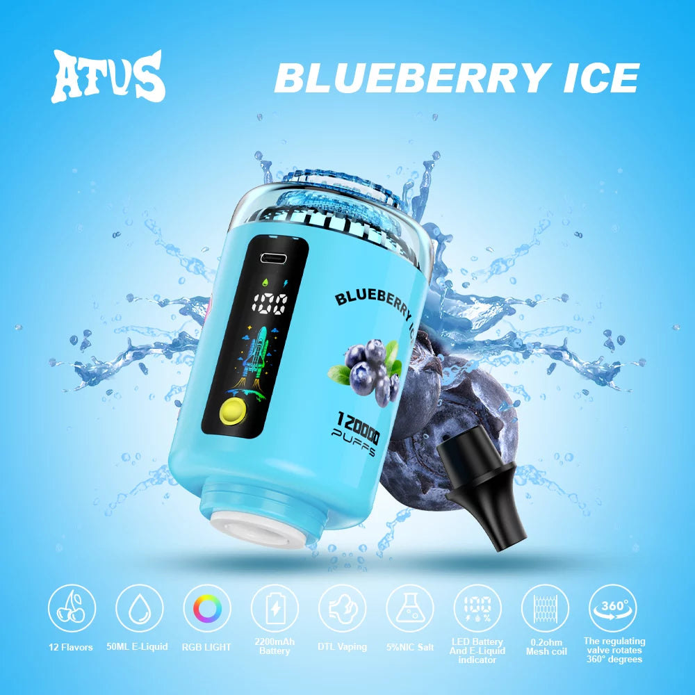ATVS E-Hookah Head 120K PUFFS — panel LED oraz wskaźnik poziomu liquidu - Borówka Ice